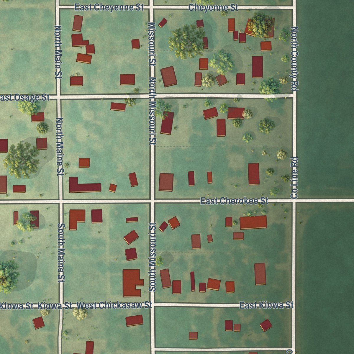 Close-up of the map of Hunter, Oklahoma print showing street and building detail