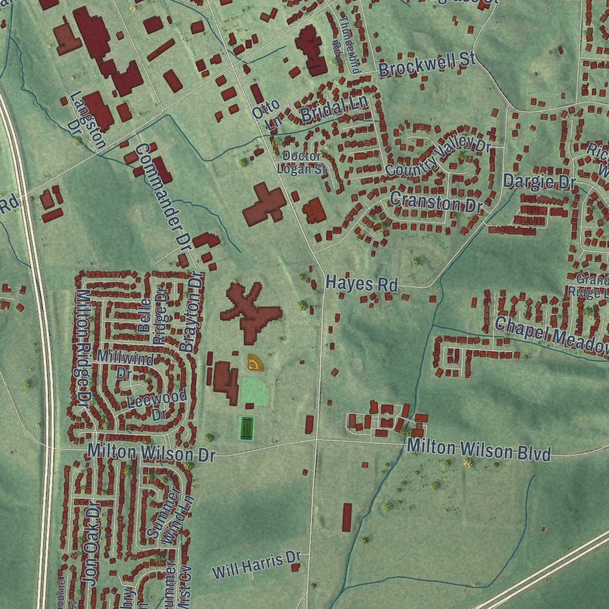 Close-up of the map of Arlington, Tennessee print showing street and building detail