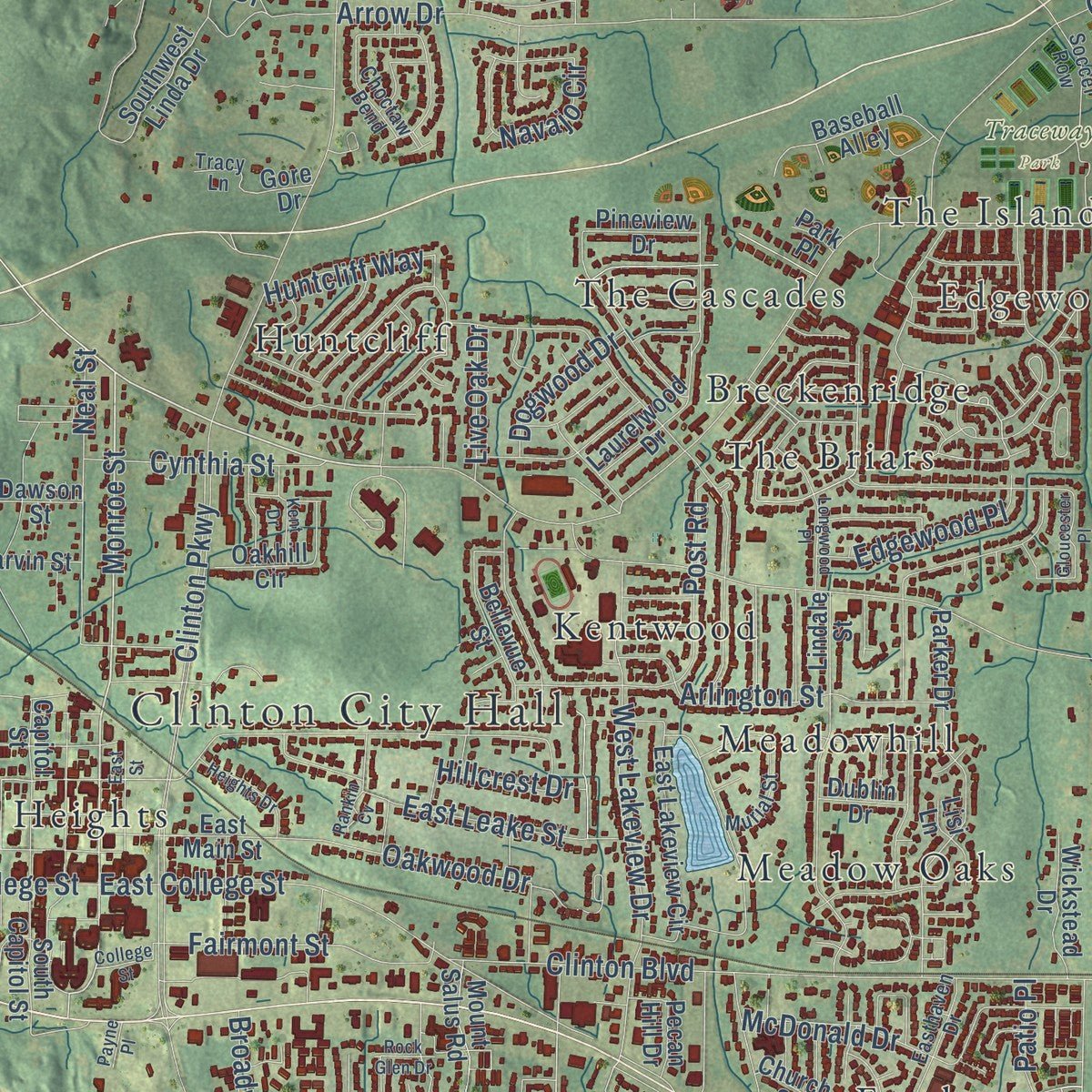 Close-up of the map of Clinton, Mississippi print showing street and building detail