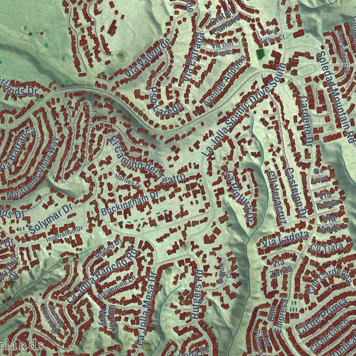 Close-up of the map of La Jolla, California print showing street and building detail