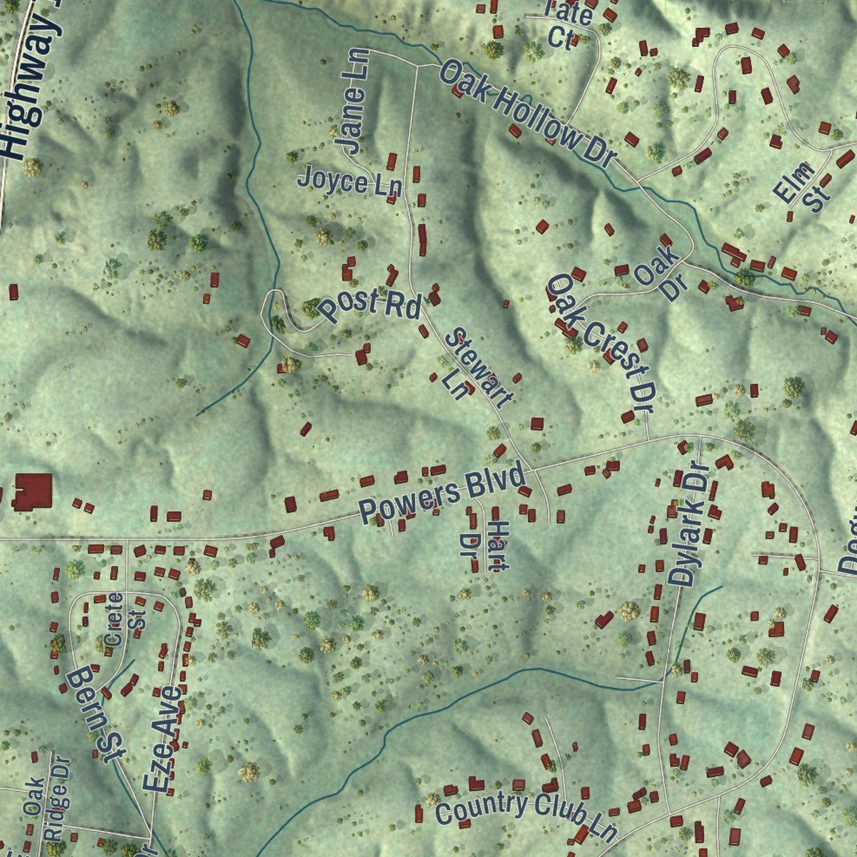 Close-up of the map of Waverly, Tennessee print showing street and building detail