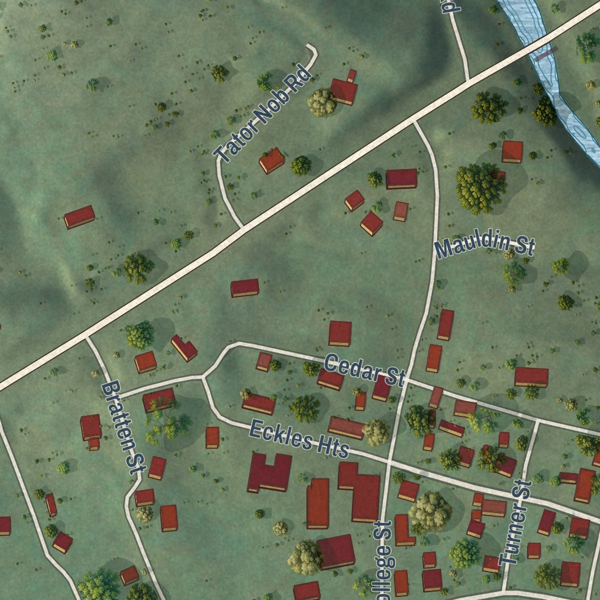 Close-up of the map of Liberty, Tennessee print showing street and building detail