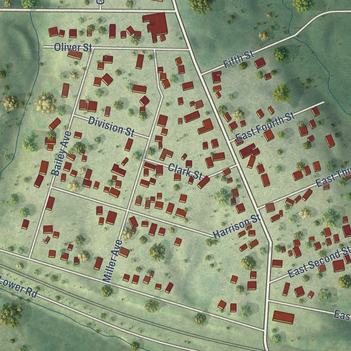 Close-up of the map of East Galesburg, Illinois print showing street and building detail
