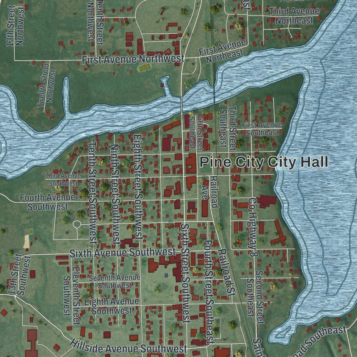 Close-up of the map of Pine City, Minnesota print showing street and building detail
