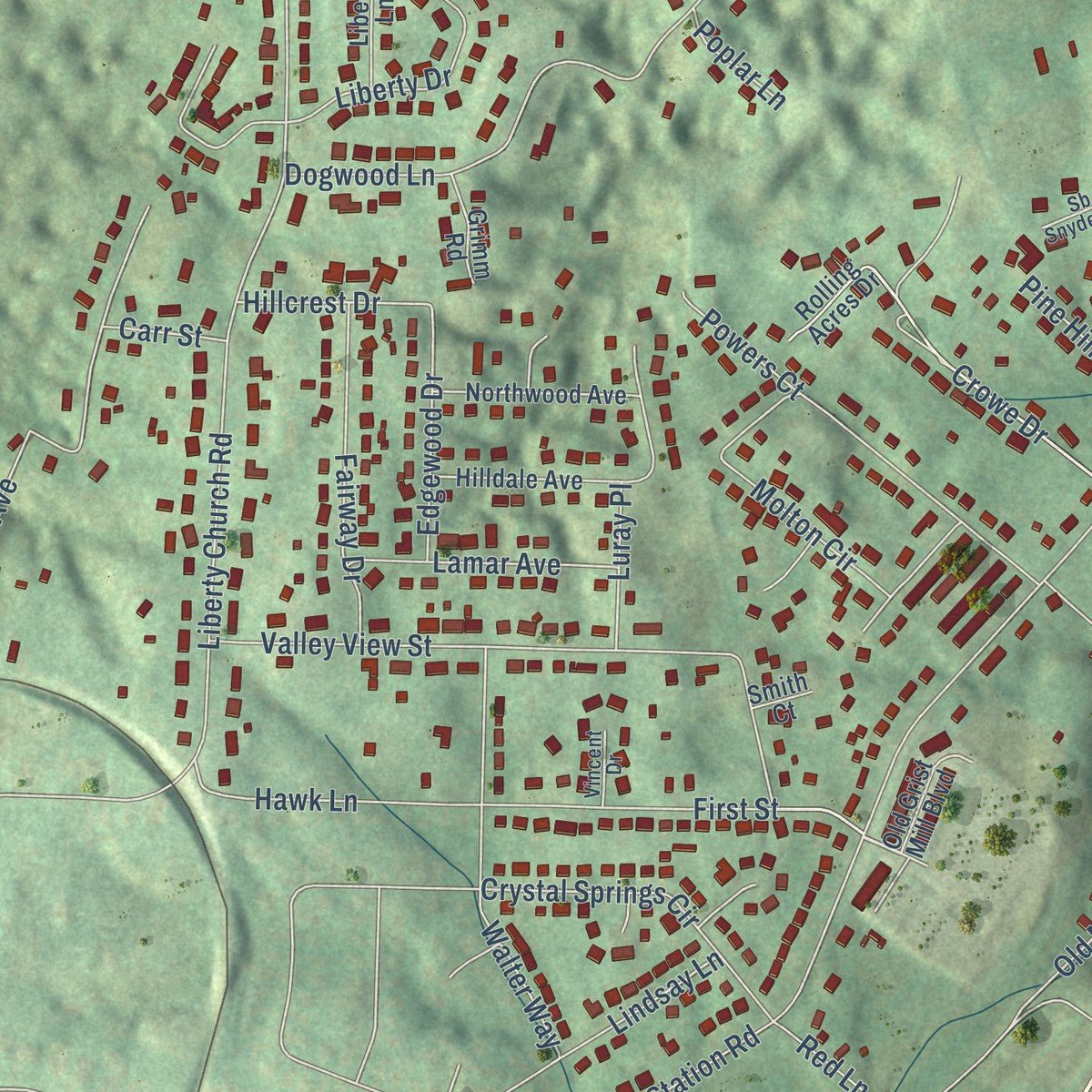 Close-up of the map of Spurgeon, Tennessee print showing street and building detail