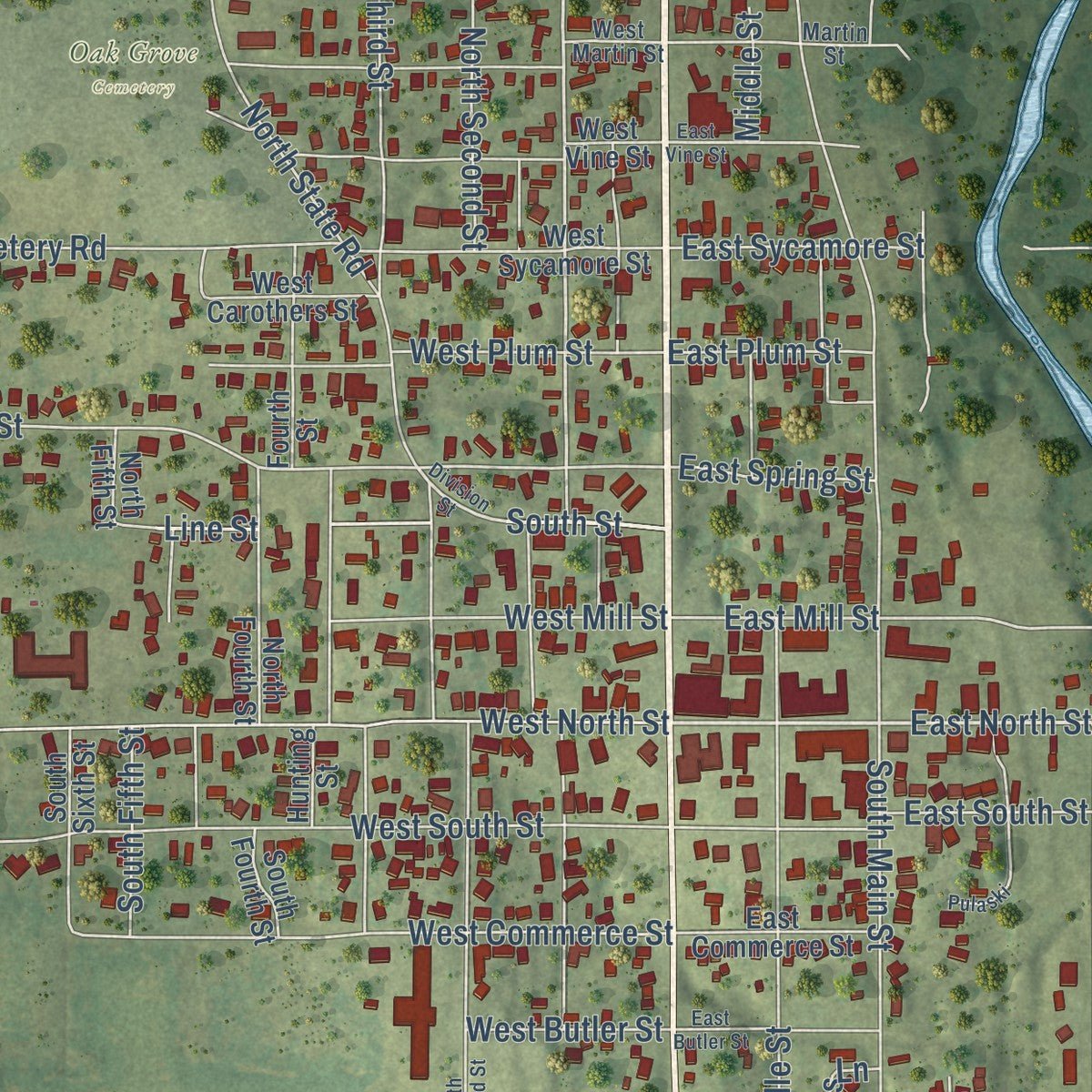 Close-up of the map of Grayville, Illinois print showing street and building detail