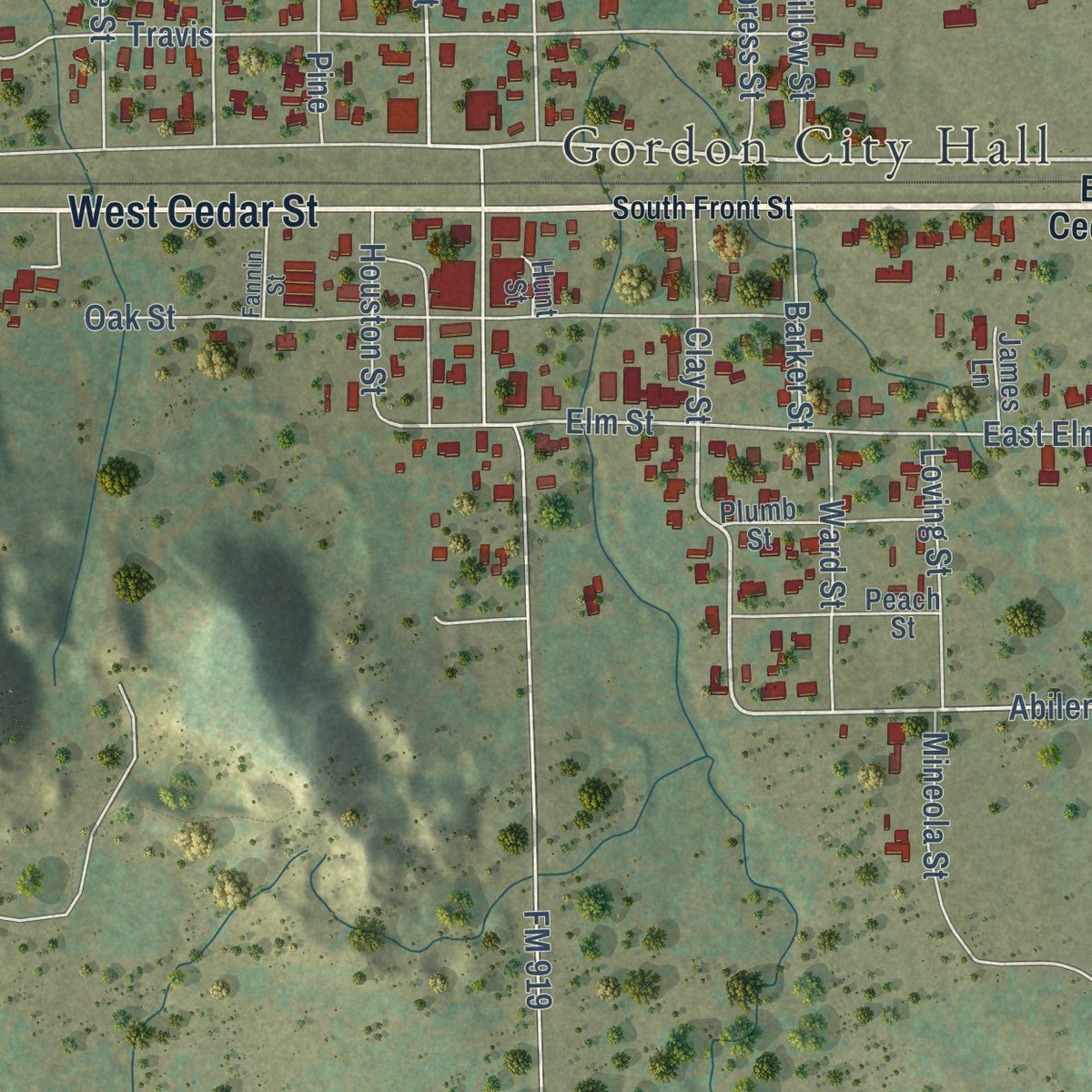 Close-up of the map of Gordon, Texas print showing street and building detail