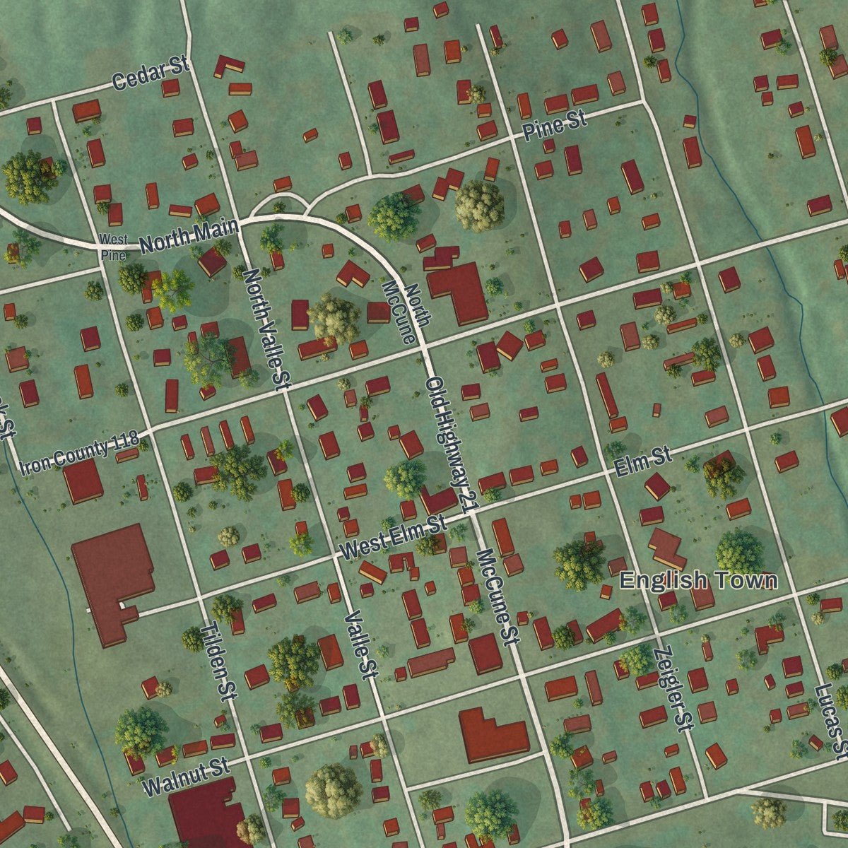 Close-up of the map of Pilot Knob, Missouri print showing street and building detail