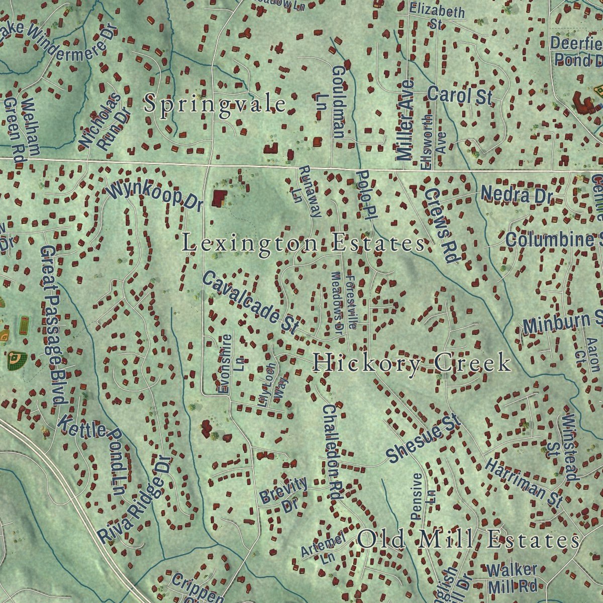 Close-up of the map of Great Falls, Virginia print showing street and building detail