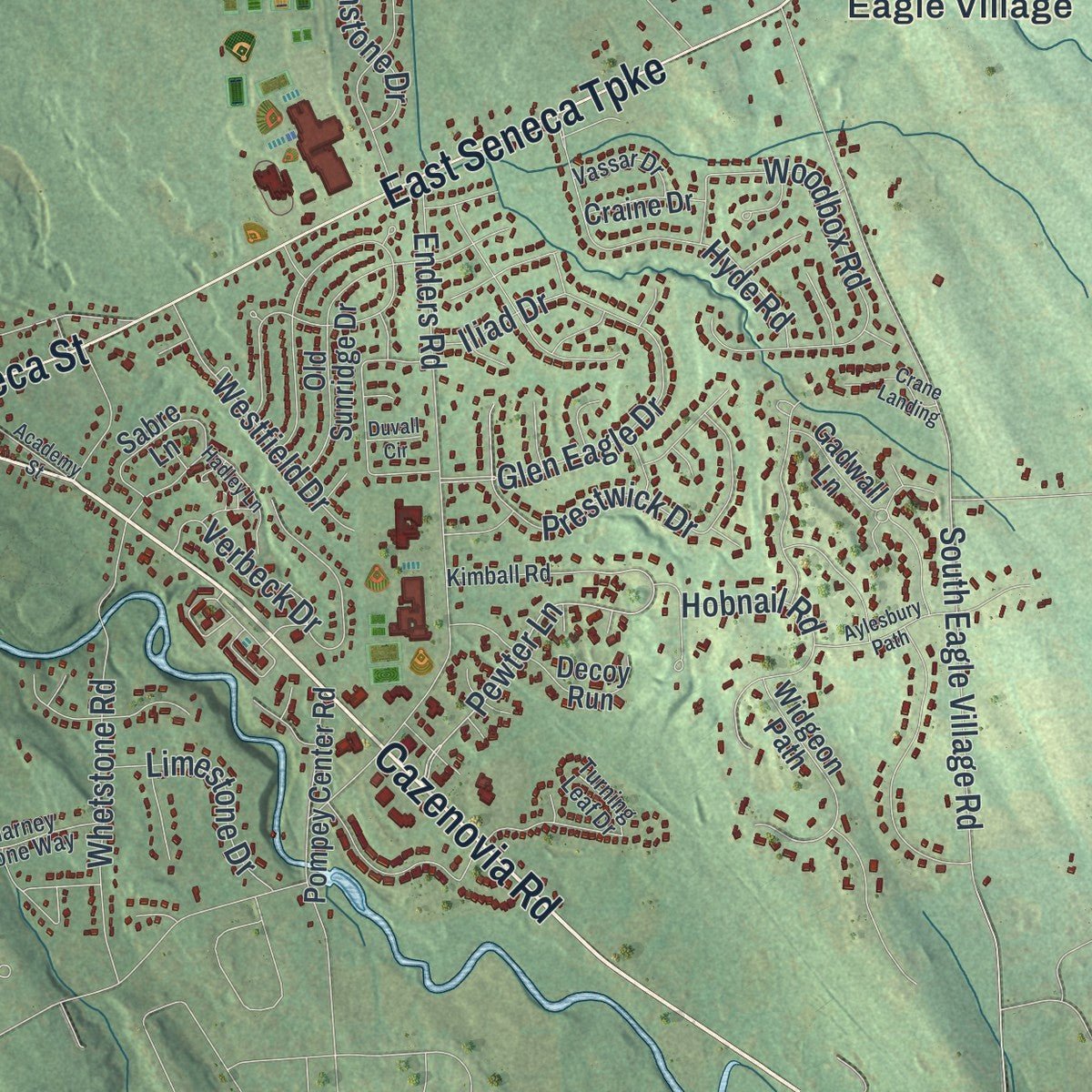 Close-up of the map of the Town of Manlius, New York print showing street and building detail