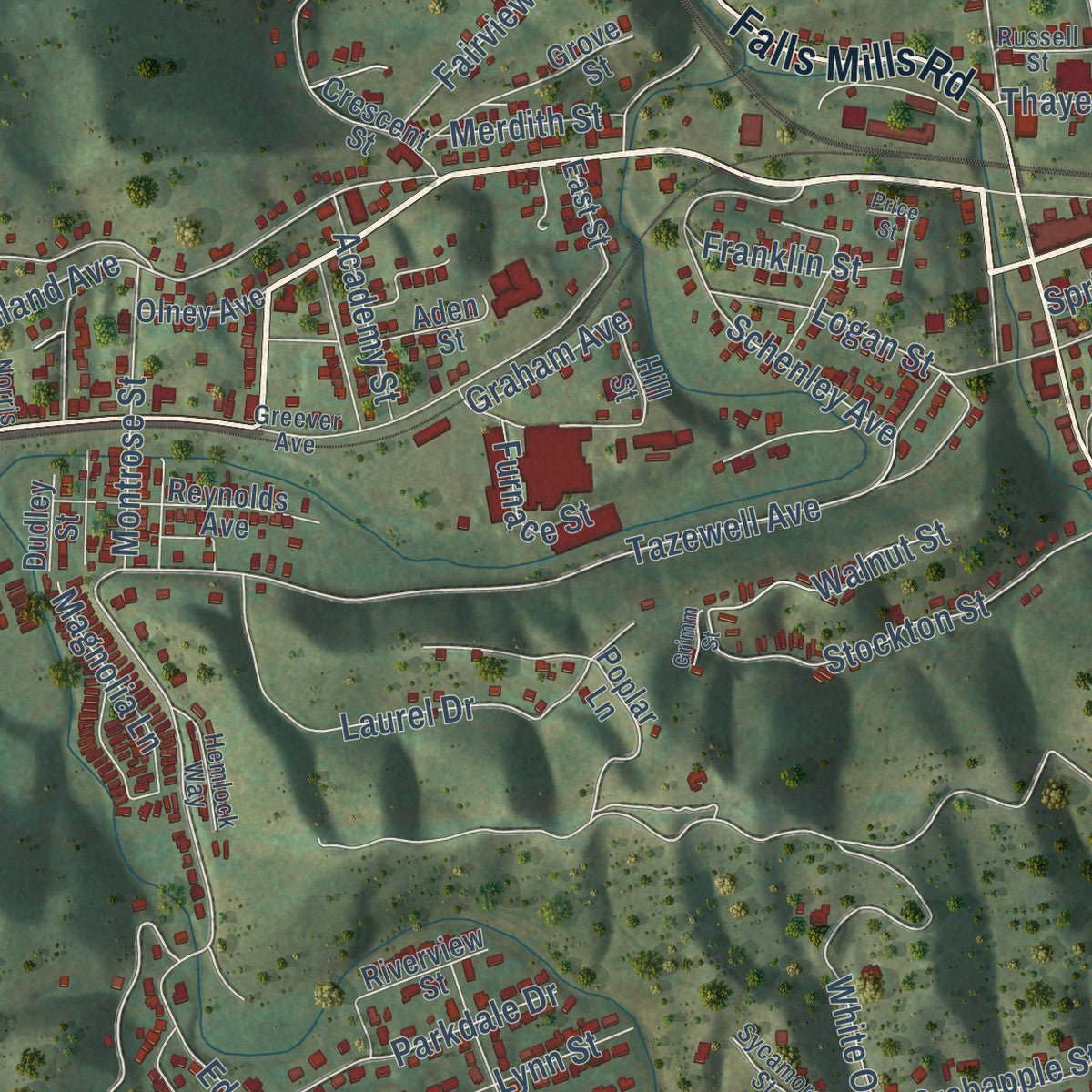 Close-up of the map of Bluefield, Virginia print showing street and building detail