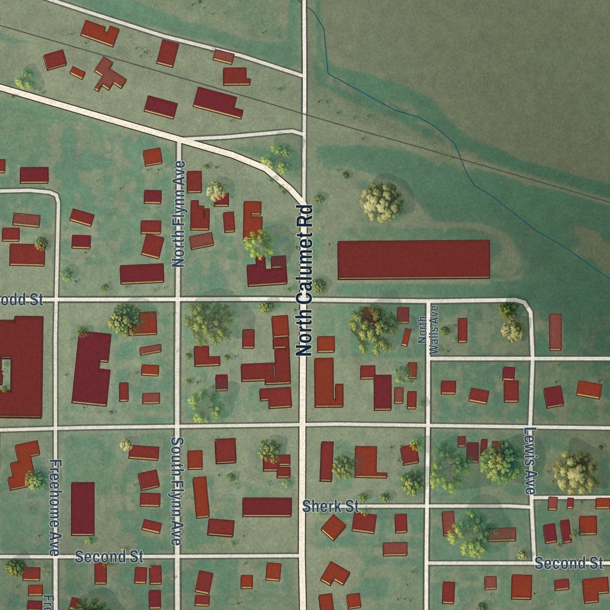 Close-up of the map of Calumet, Oklahoma print showing street and building detail