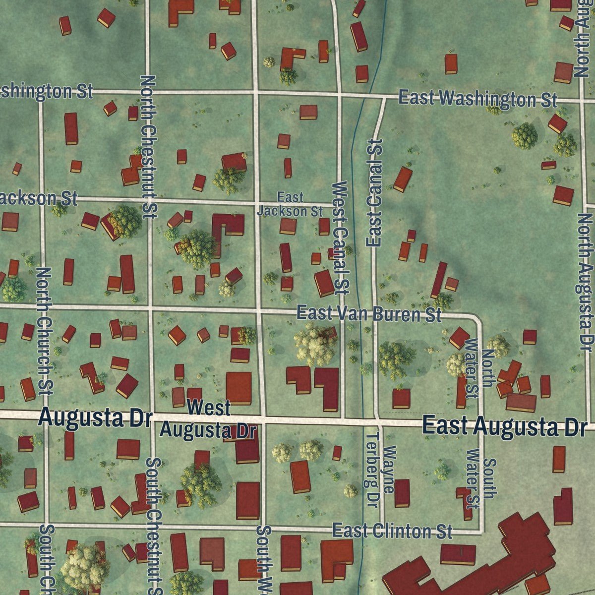 Close-up of the map of Augusta, Kalamazoo County, Michigan print showing street and building detail