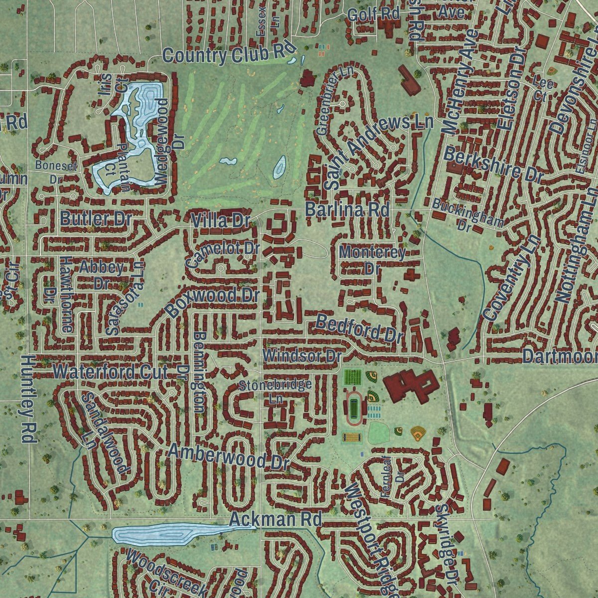Close-up of the map of Crystal Lake, Illinois print showing street and building detail