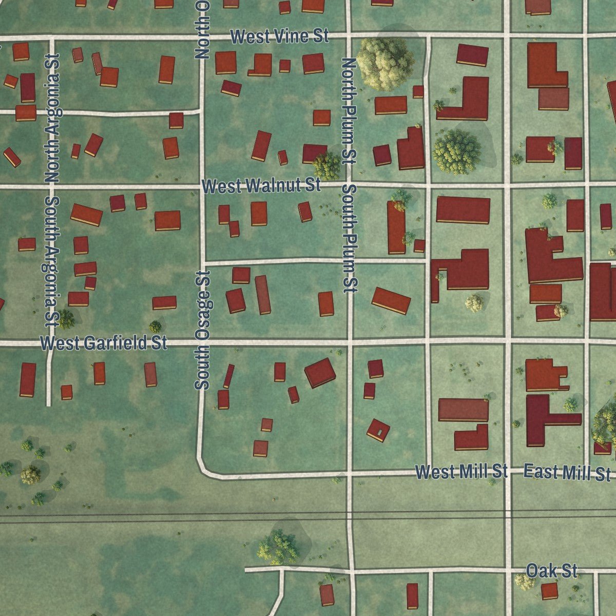 Close-up of the map of Argonia, Kansas print showing street and building detail