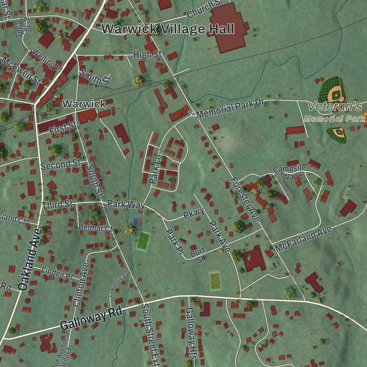 Close-up of the map of the Village of Warwick, New York print showing street and building detail