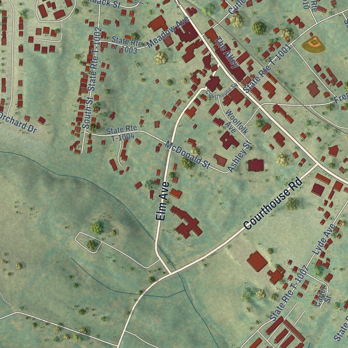 Close-up of the map of Louisa, Virginia print showing street and building detail