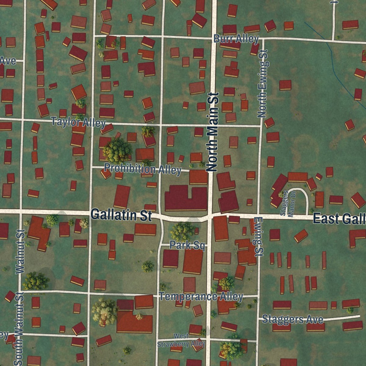 Close-up of the map of Adairville, Kentucky print showing street and building detail