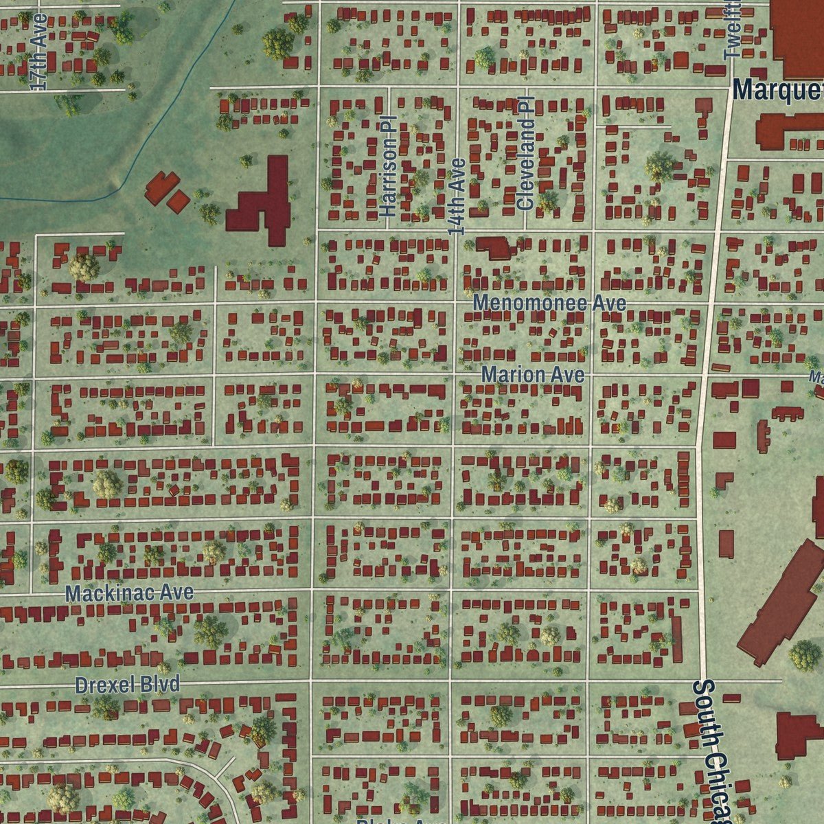 Close-up of the map of South Milwaukee, Wisconsin print showing street and building detail