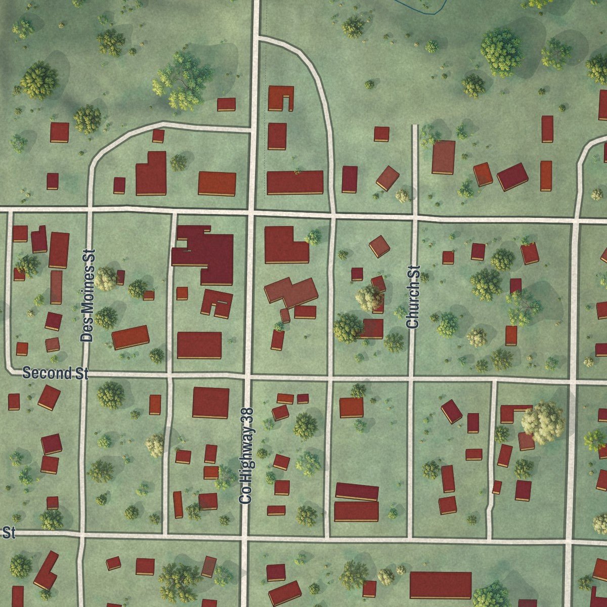 Close-up of the map of Currie, Minnesota print showing street and building detail