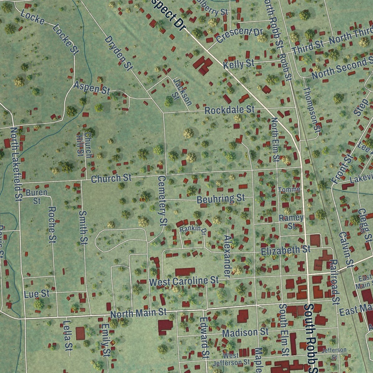 Close-up of the map of Trinity, Texas print showing street and building detail