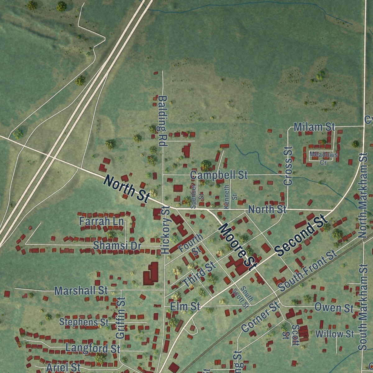 Close-up of the map of Ward, Arkansas print showing street and building detail