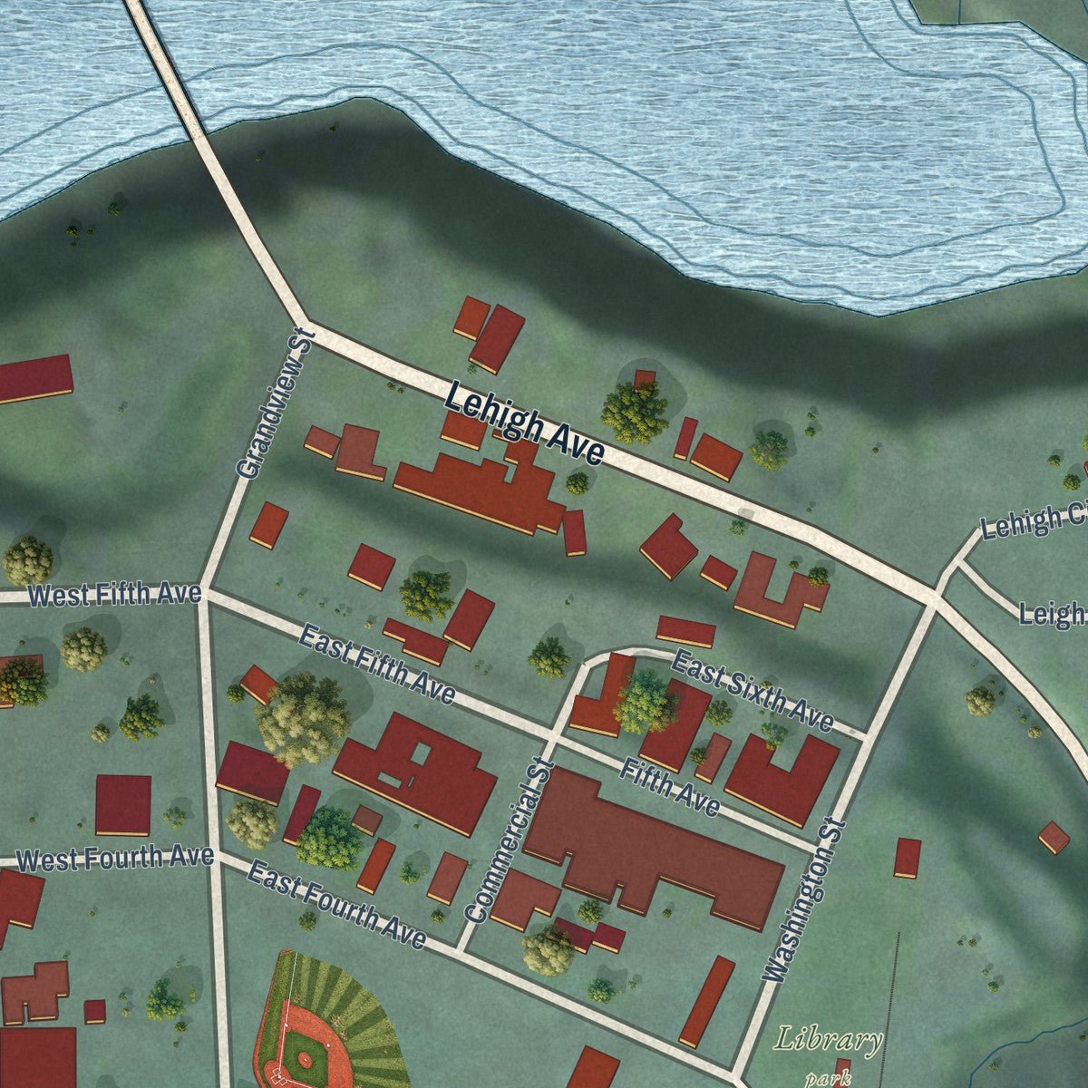 Close-up of the map of Metaline Falls, Washington print showing street and building detail