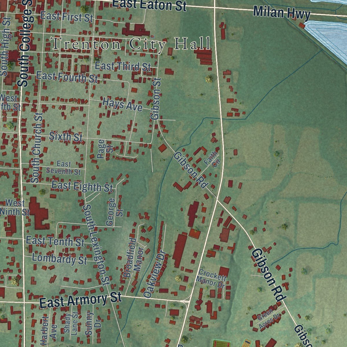 Close-up of the map of Trenton, Tennessee print showing street and building detail