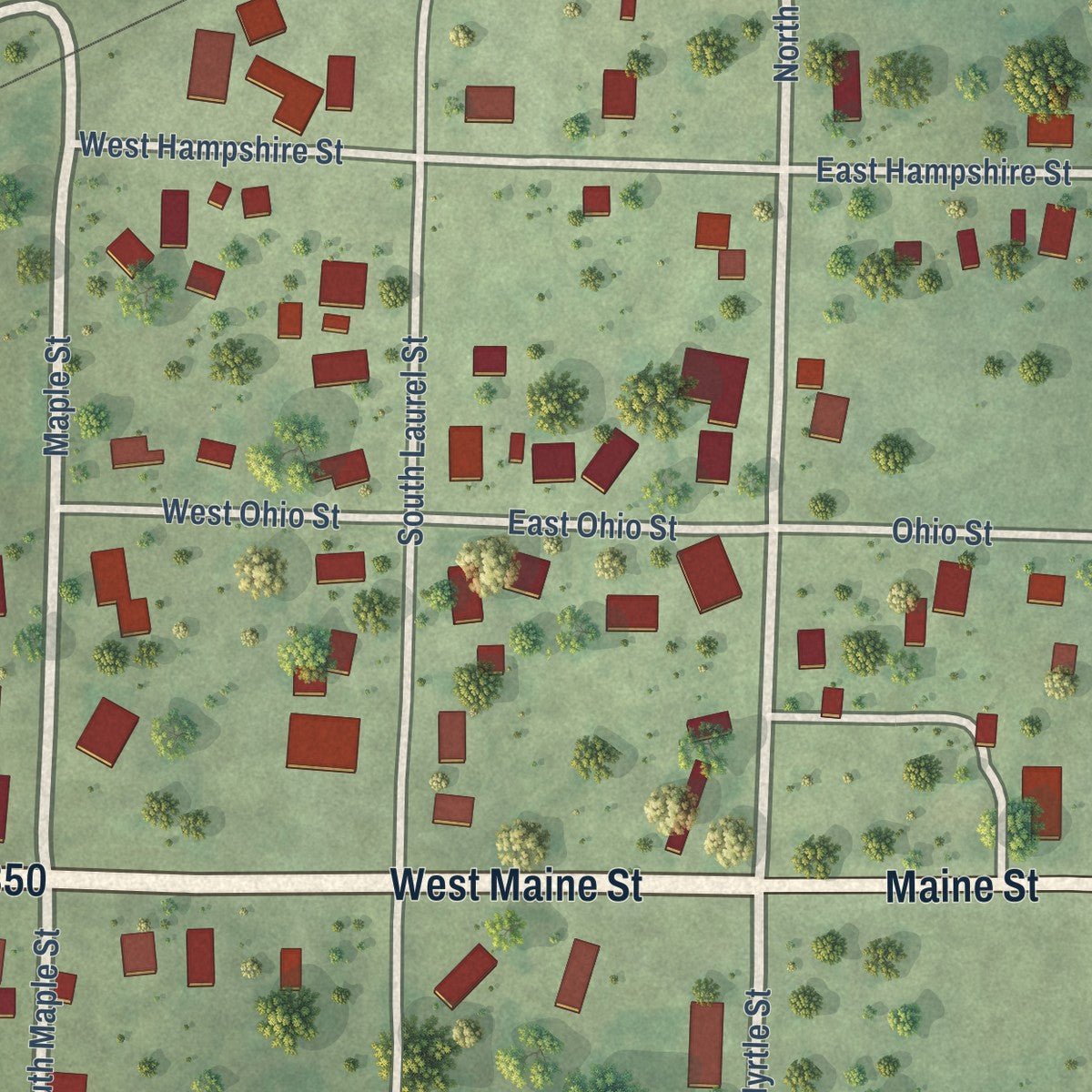 Close-up of the map of Elvaston, Illinois print showing street and building detail