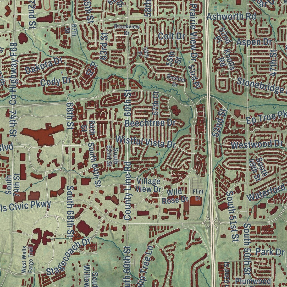 Close-up of the map of West Des Moines, Iowa print showing street and building detail