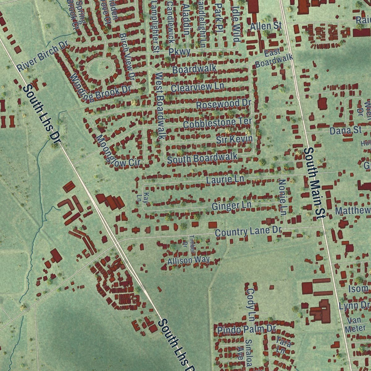 Close-up of the map of Lumberton, Texas print showing street and building detail