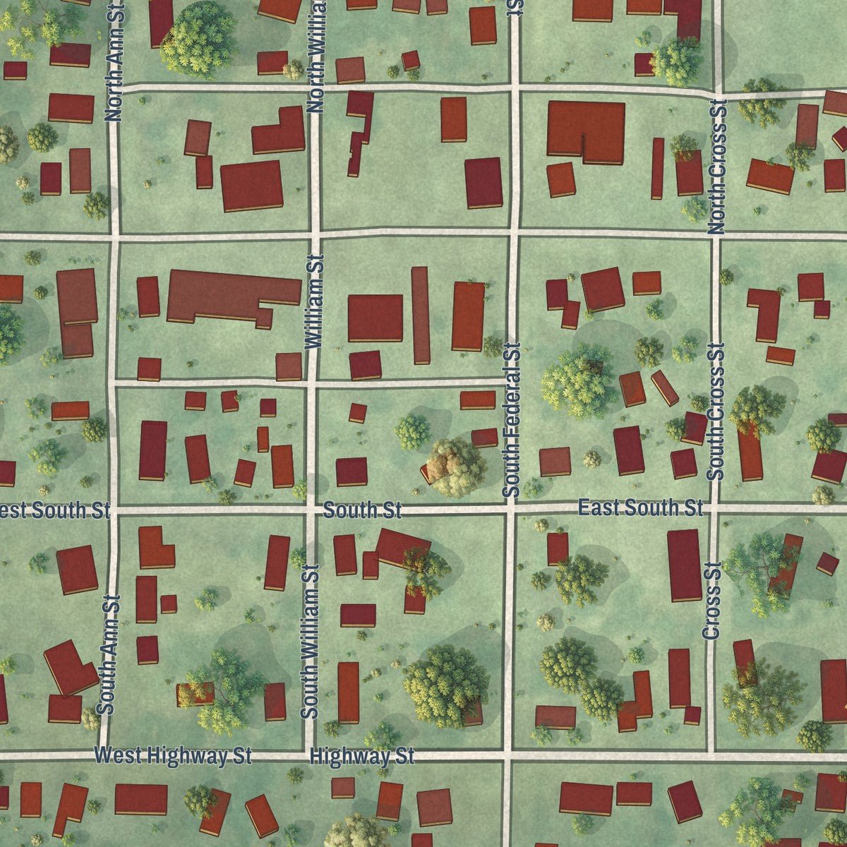 Close-up of the map of Perry, Illinois print showing street and building detail