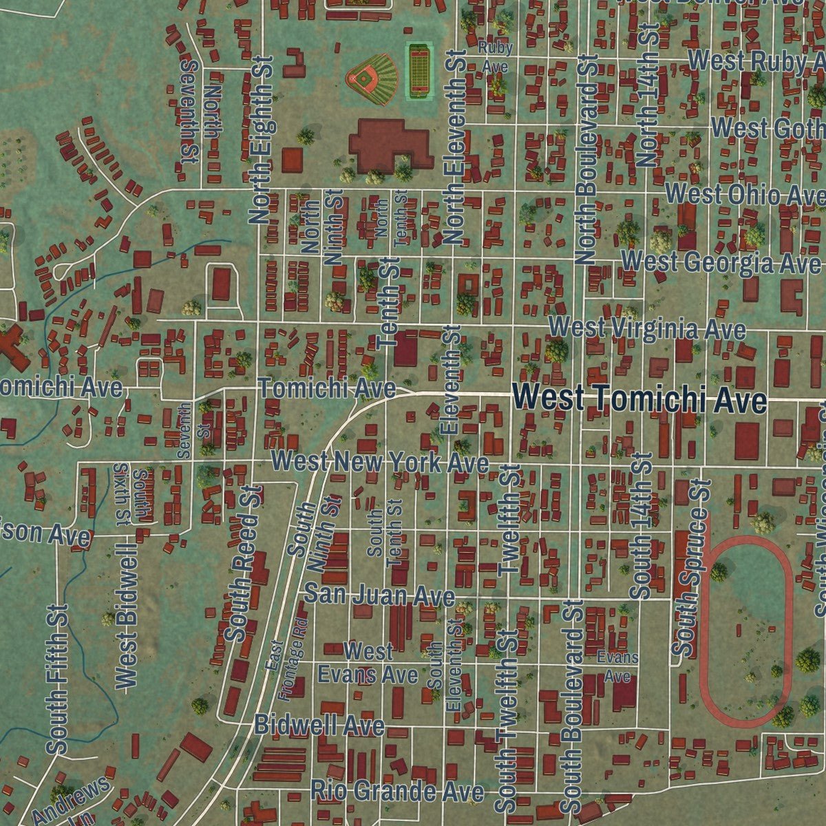 Close-up of the map of Gunnison, Colorado print showing street and building detail