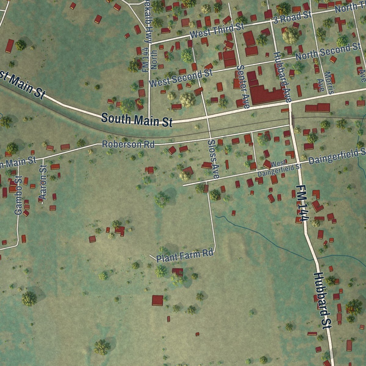 Close-up of the map of Omaha, Texas print showing street and building detail