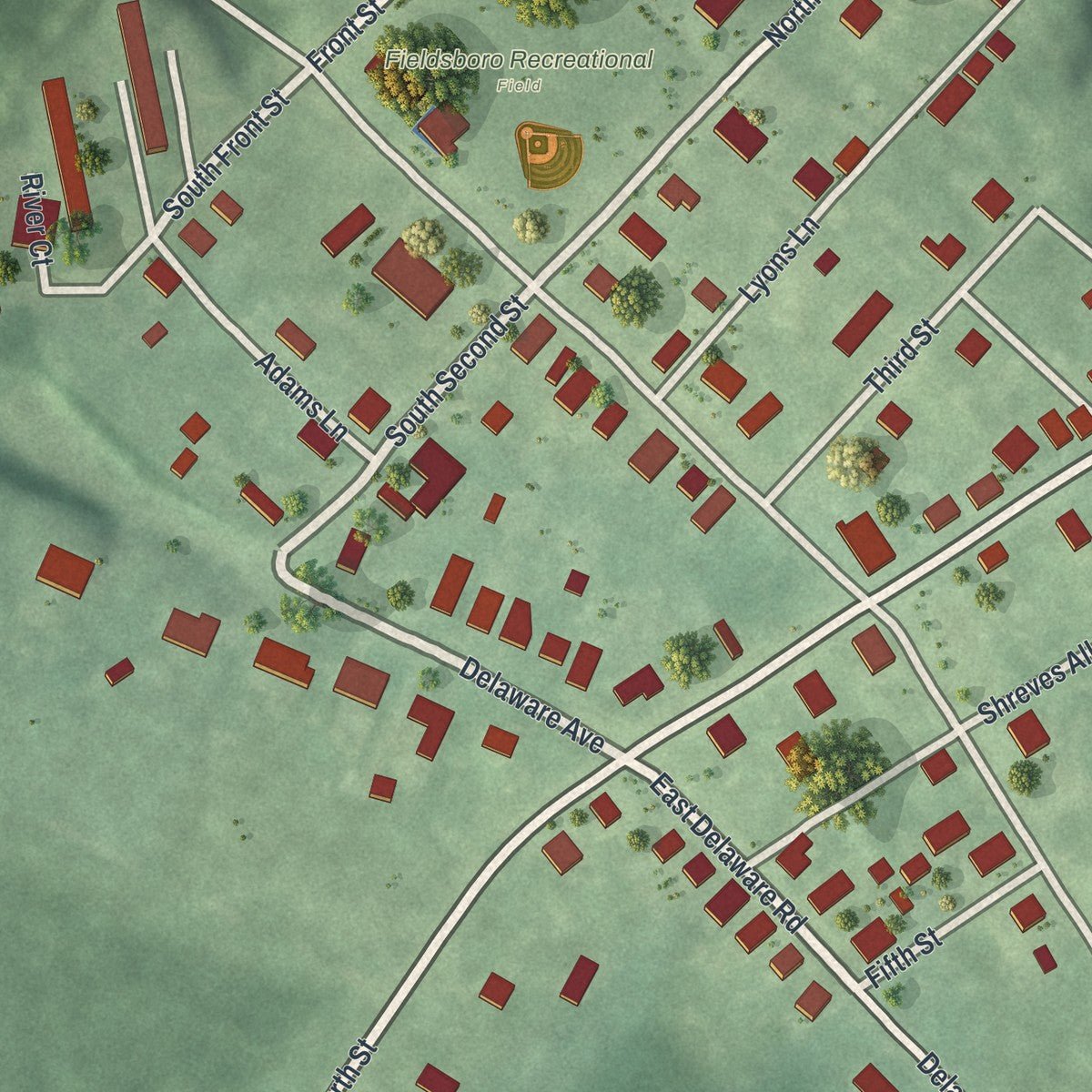 Close-up of the map of Fieldsboro, New Jersey print showing street and building detail