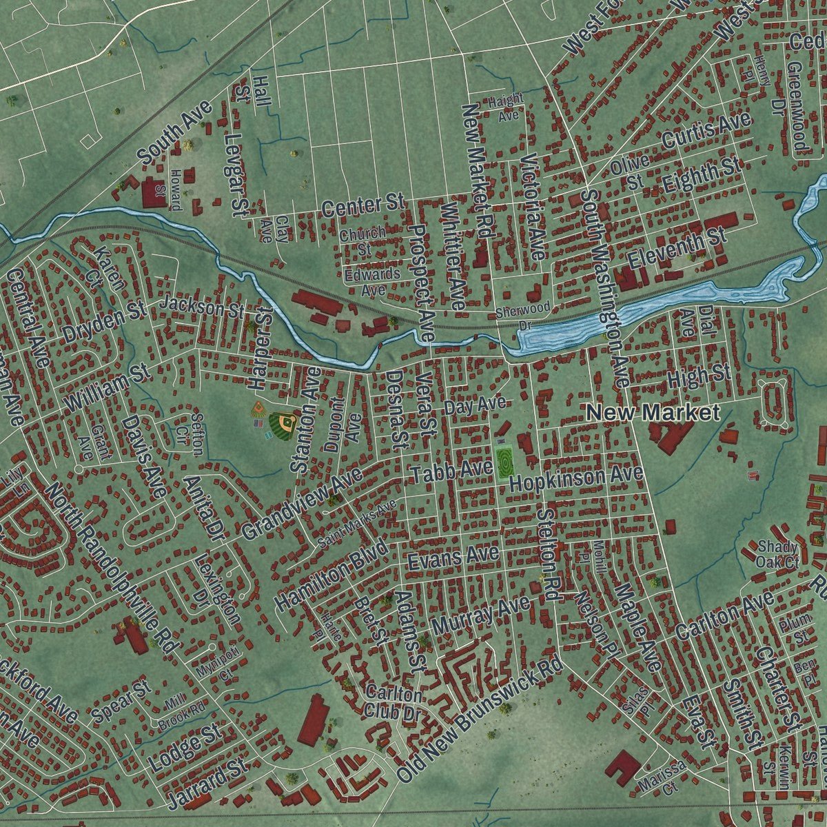 Close-up of the map of Piscataway, New Jersey print showing street and building detail