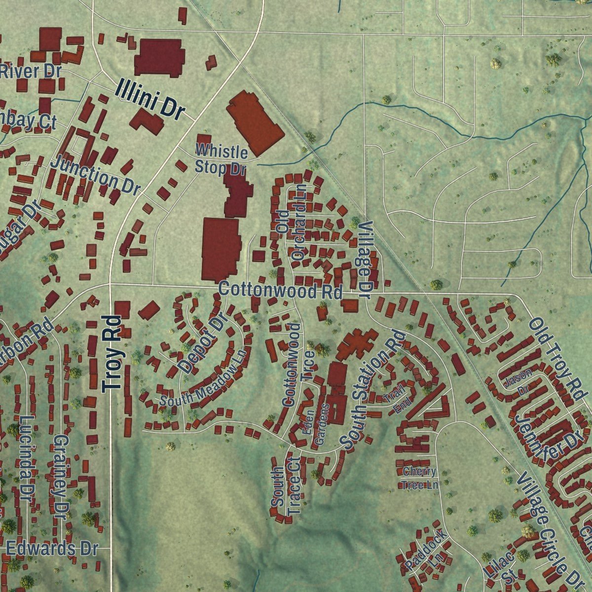 Close-up of the map of Glen Carbon, Illinois print showing street and building detail