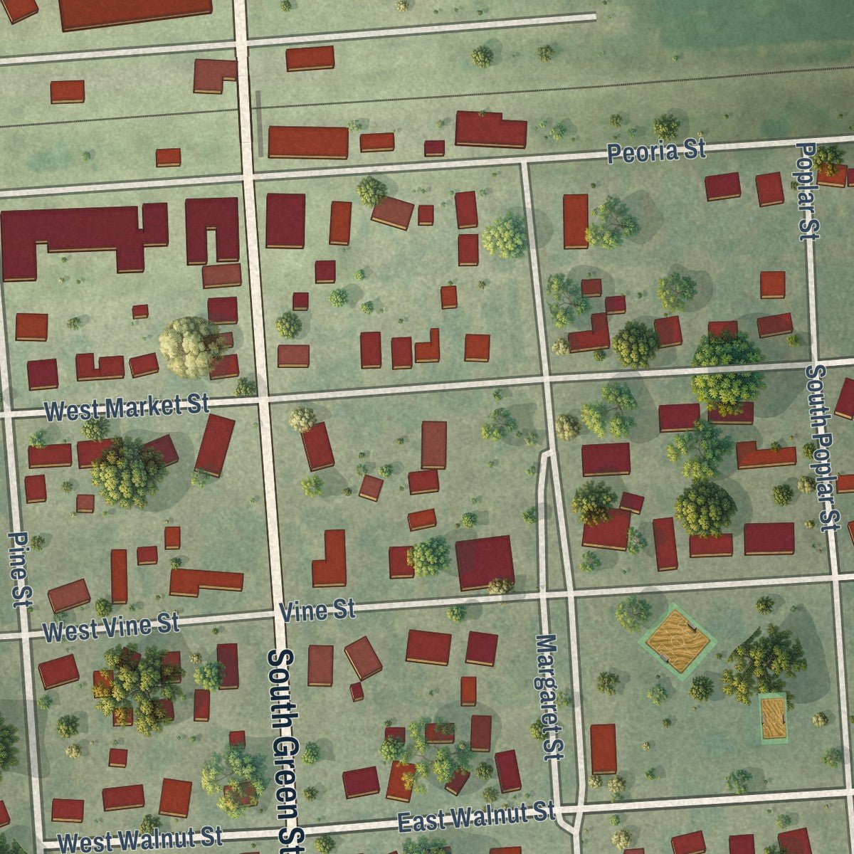 Close-up of the map of Piper City, Illinois print showing street and building detail
