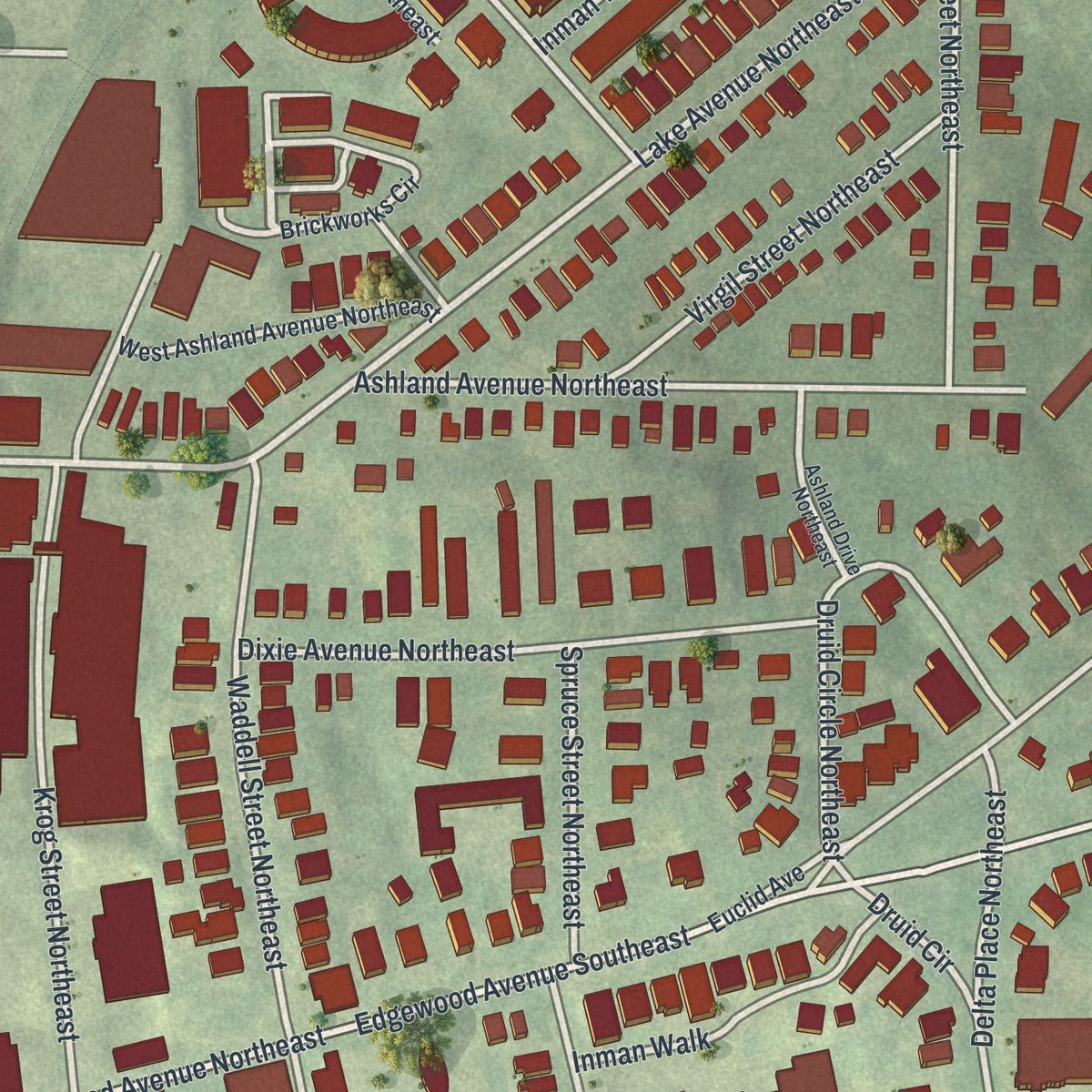 Close-up of the map of Inman Park, Georgia print showing street and building detail