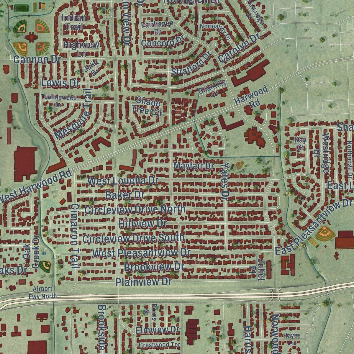 Close-up of the map of Hurst, Texas print showing street and building detail