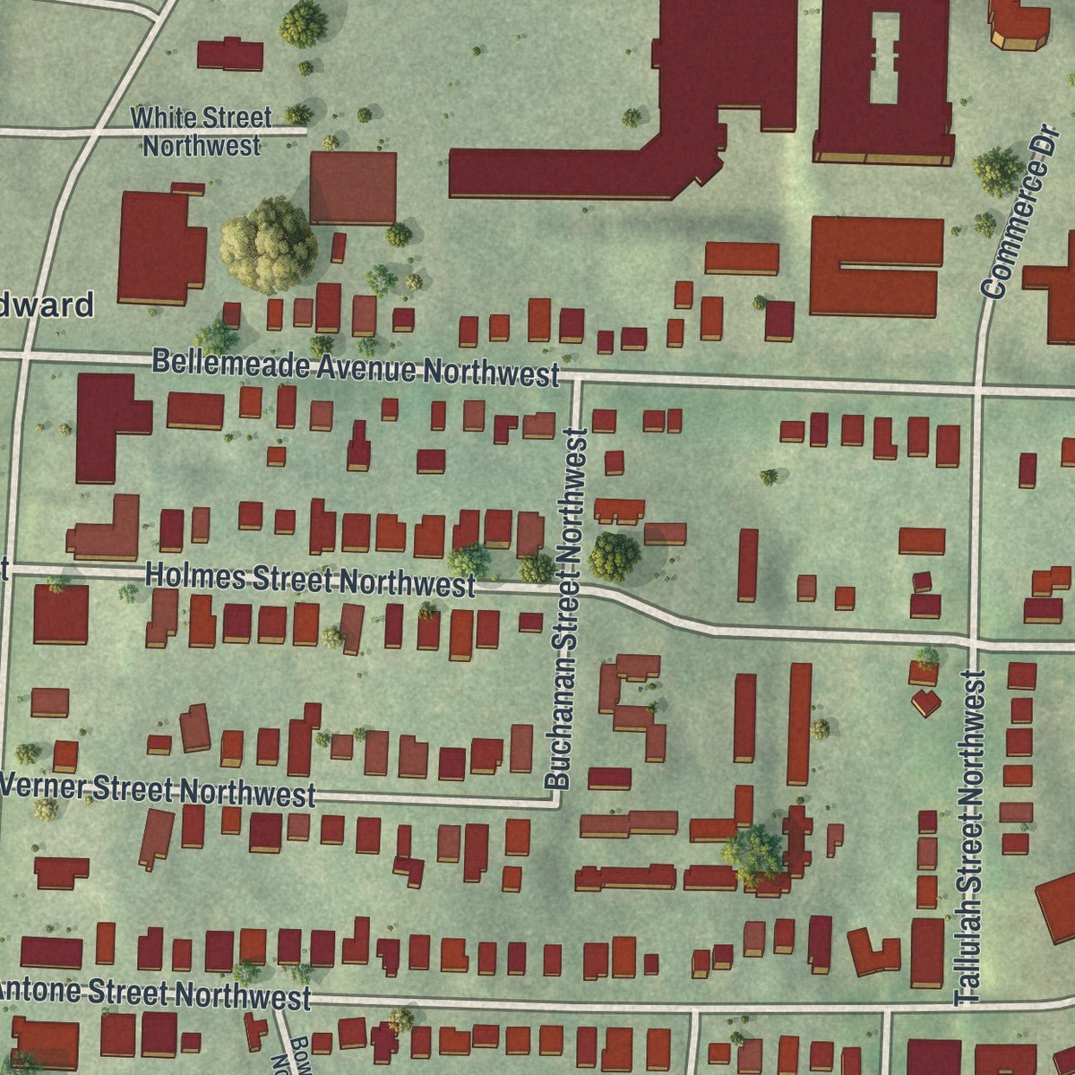 Close-up of the map of Berkeley Park, Georgia print showing street and building detail
