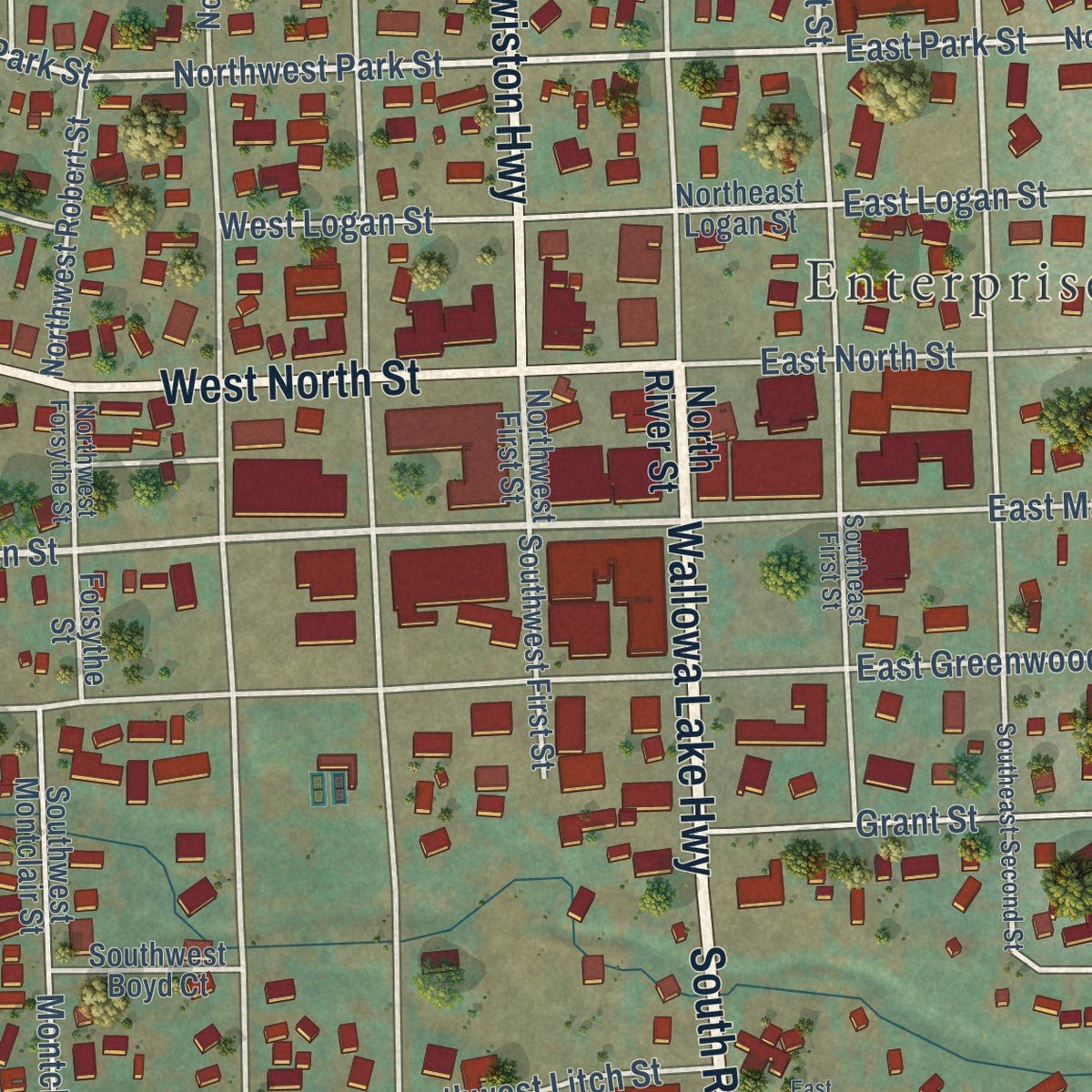 Close-up of the map of Enterprise, Oregon print showing street and building detail