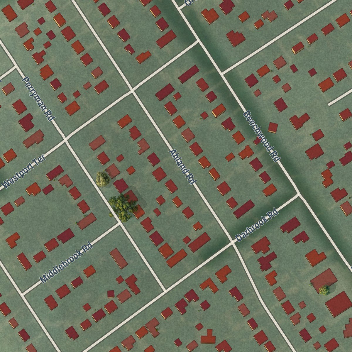 Close-up of the map of Woodlawn Park, Kentucky print showing street and building detail