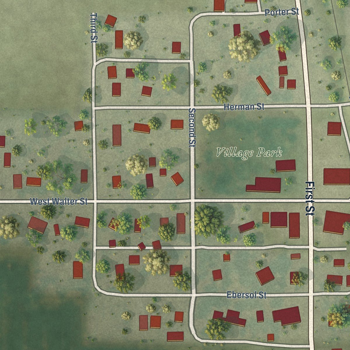 Close-up of the map of Strawn, Illinois print showing street and building detail