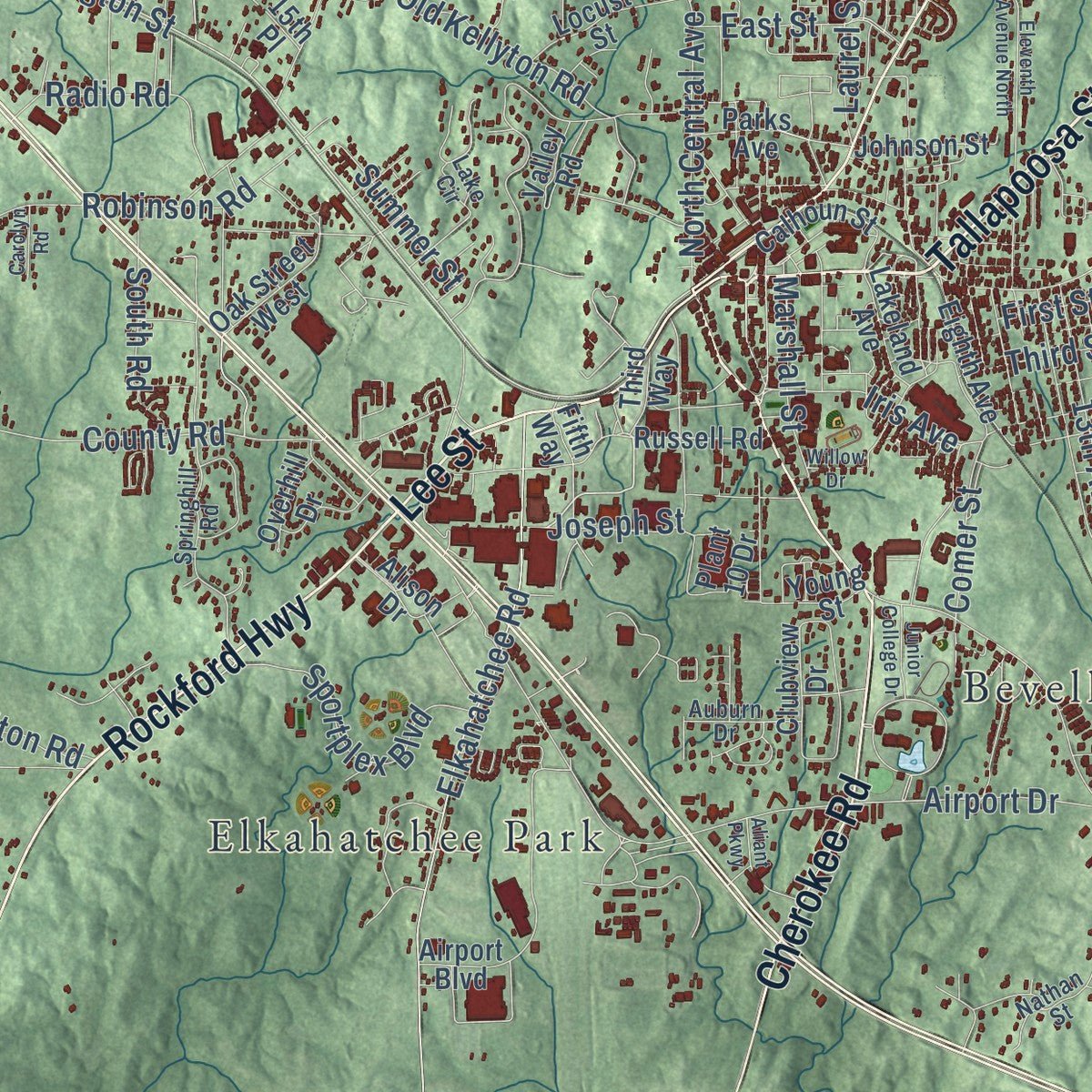 Close-up of the map of Alexander City, Alabama print showing street and building detail