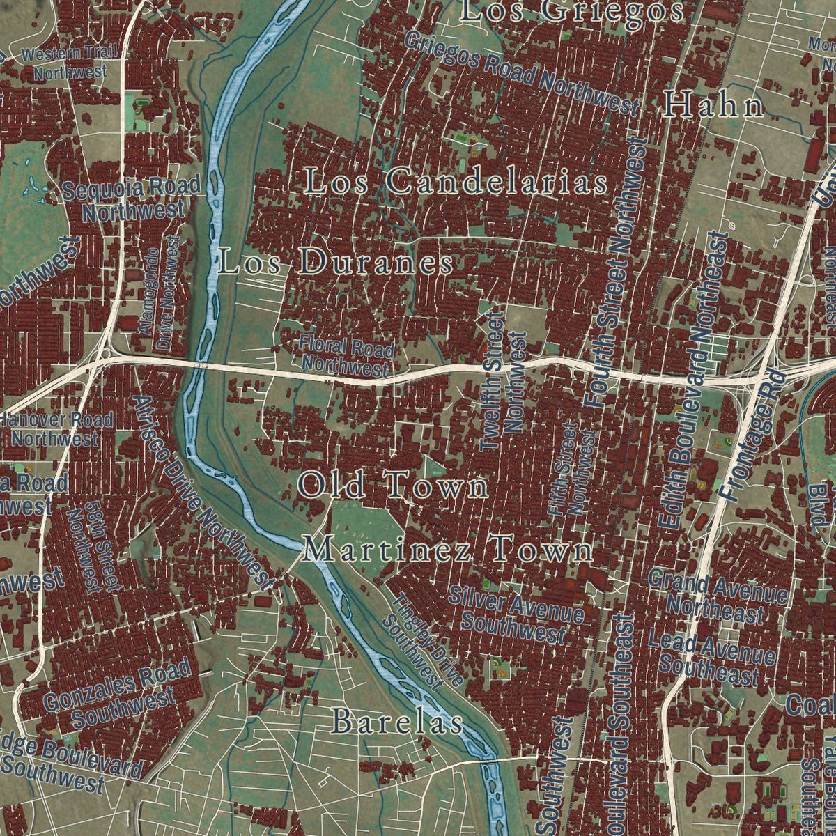 Close-up of the map of Albuquerque, New Mexico print showing street and building detail