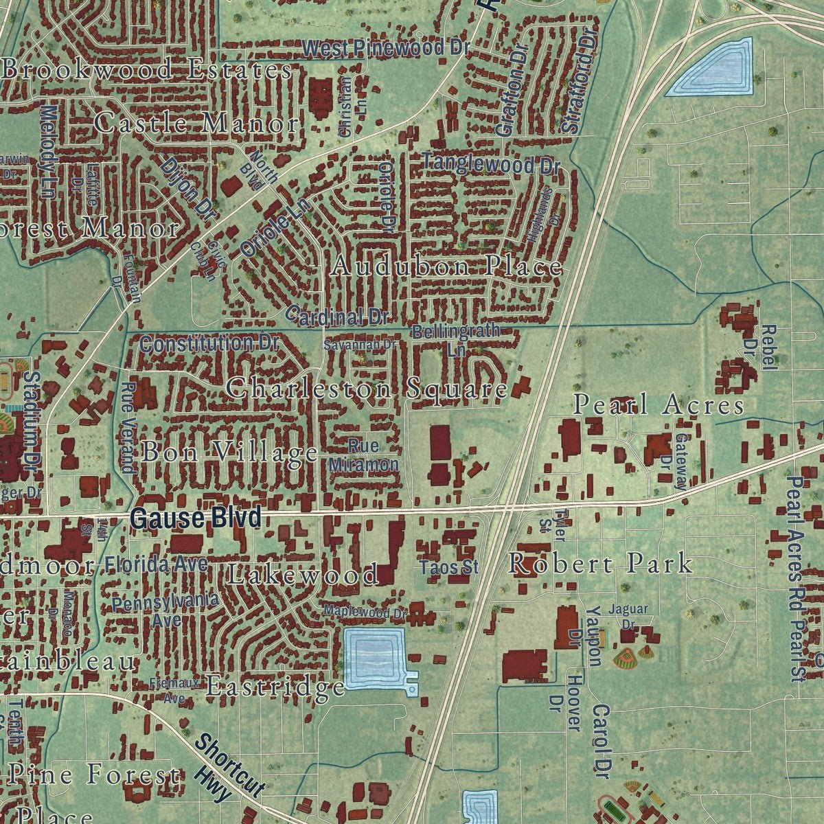 Close-up of the map of Slidell, Louisiana print showing street and building detail