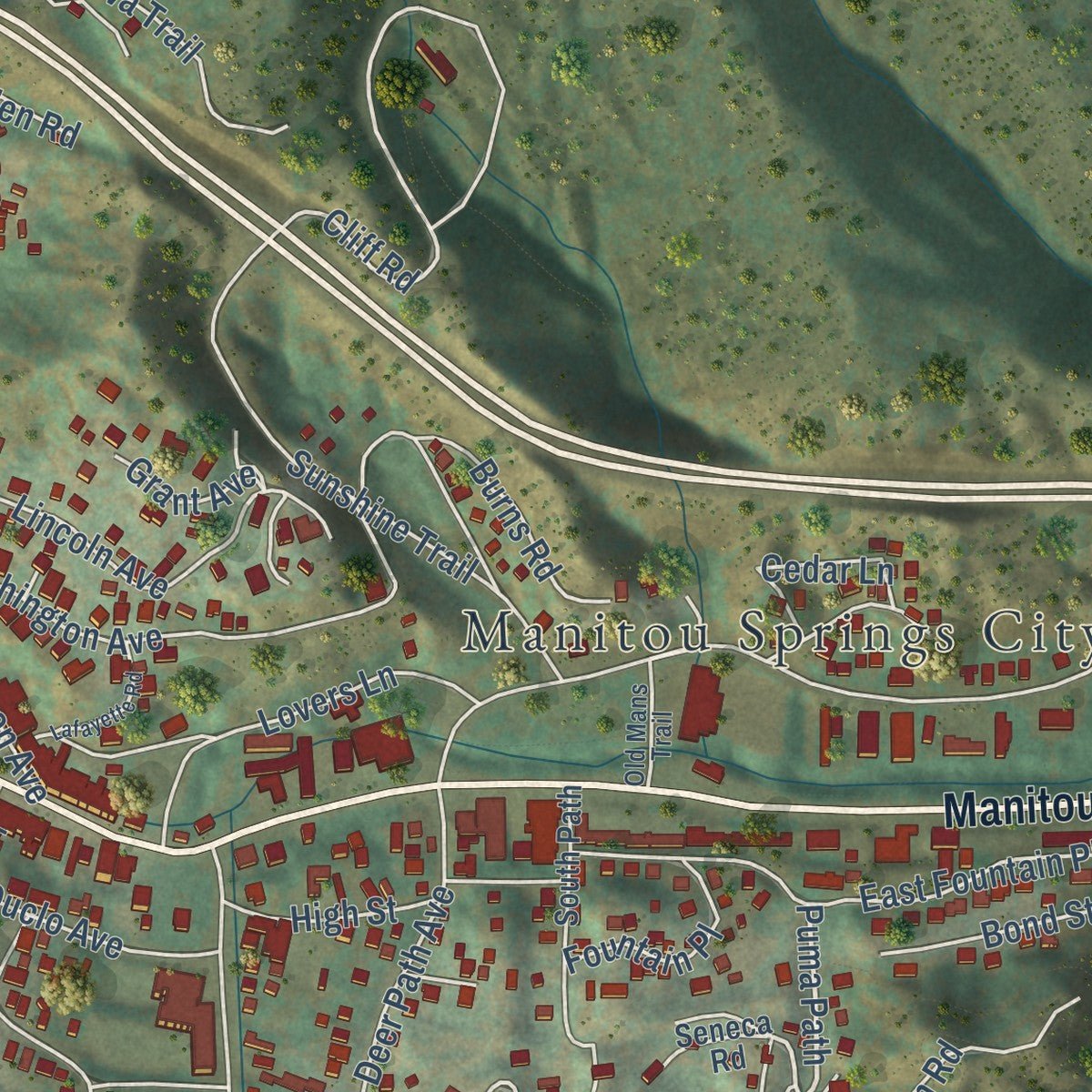 Close-up of the map of Manitou Springs, Colorado print showing street and building detail