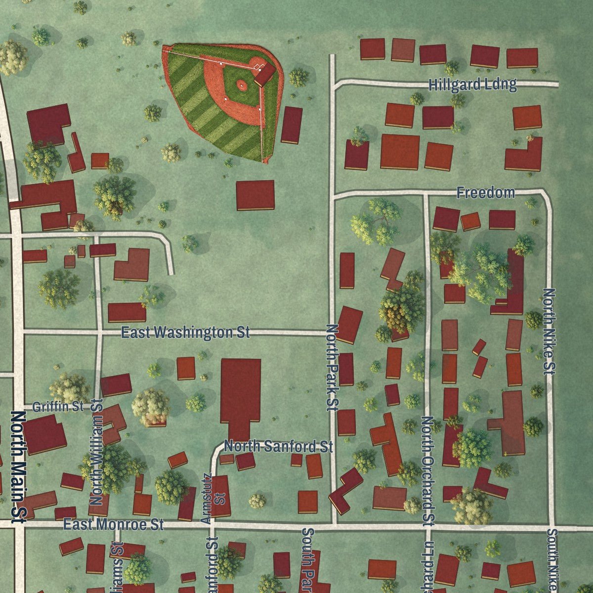 Close-up of the map of Hecker, Illinois print showing street and building detail