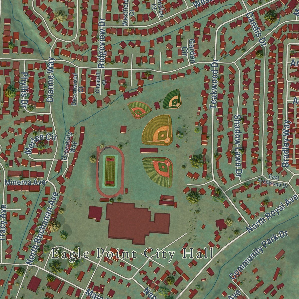 Close-up of the map of Eagle Point, Oregon print showing street and building detail